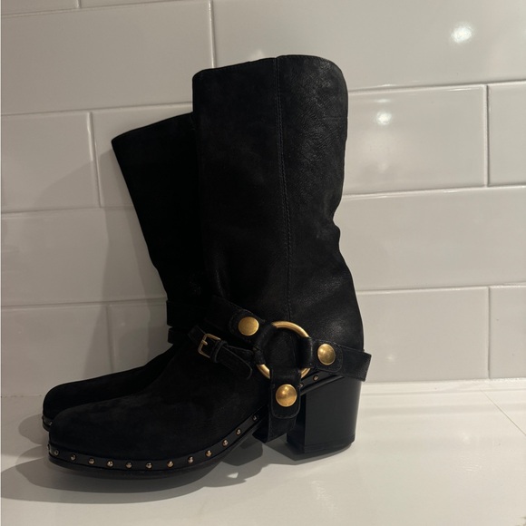 Miu Miu Shoes - Miu Miu Black Heeled Boots with Gold Accents